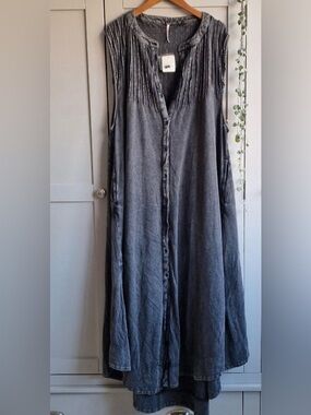 XS Washed Blue Button-Front Midi dress Free People